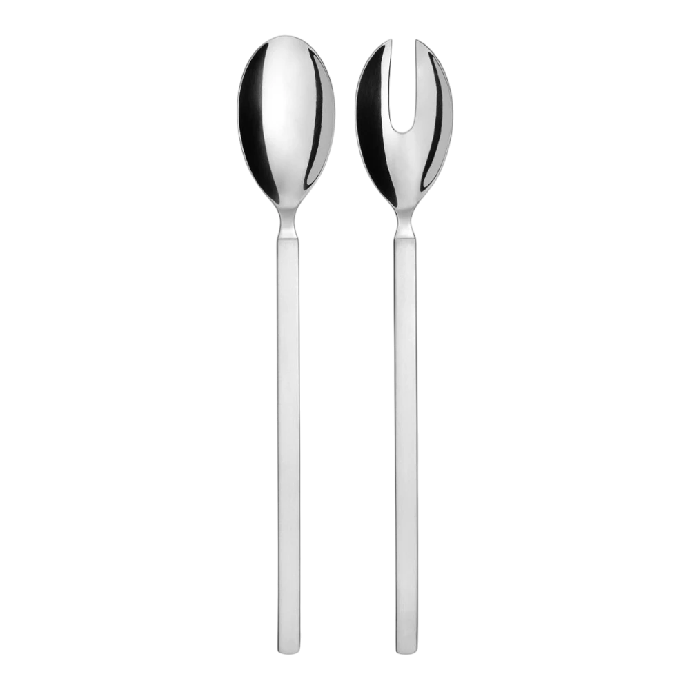 Alessi Dry Salad Set with a sleek stainless steel bowl and utensils, perfect for serving salads in elegant dining settings.