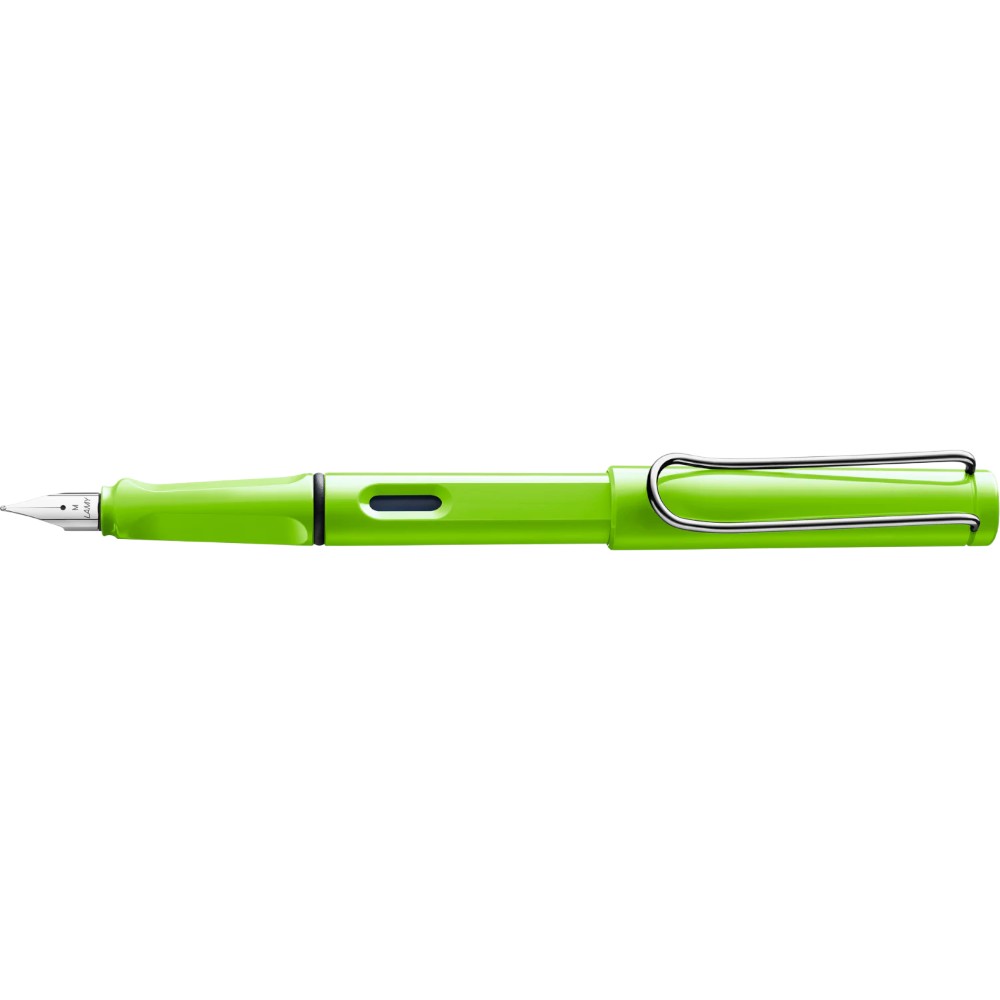 Lamy Safari fountain pen with blue plastic body and silver clip, featuring a smooth nib and ergonomic design.