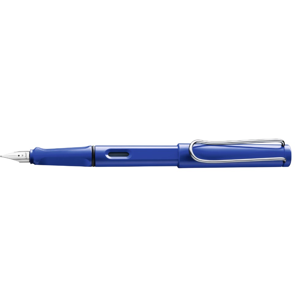 Lamy Safari fountain pen with green grip section and stainless steel nib, designed for smooth writing.