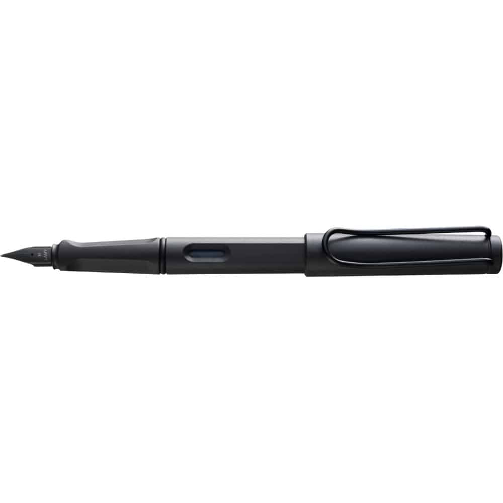 Lamy Safari fountain pen with a blue plastic body and silver clip, showcasing its clip and smooth writing tip.