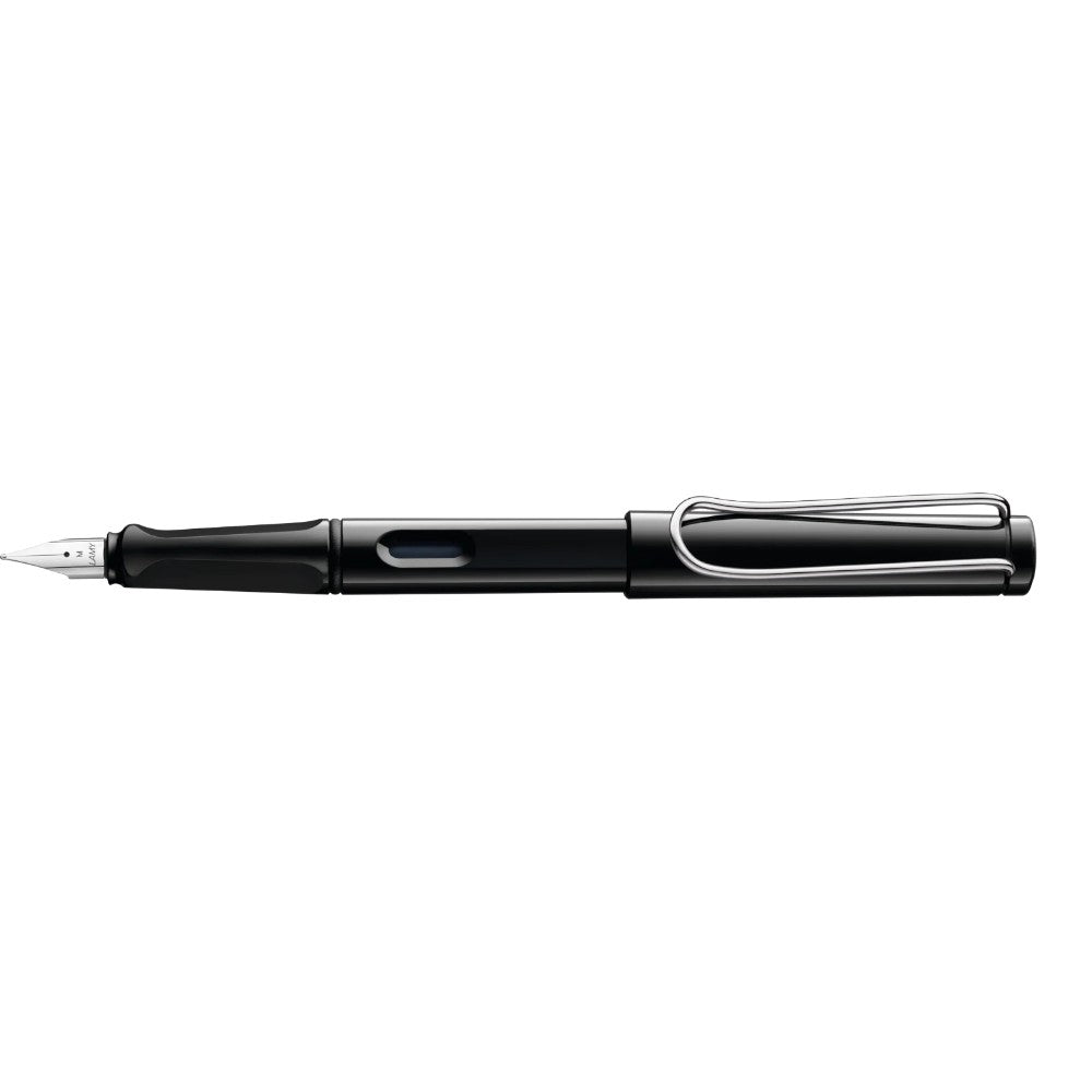 Lamy Safari fountain pen with black barrel and clip, modern design, ideal for writing and everyday use.
