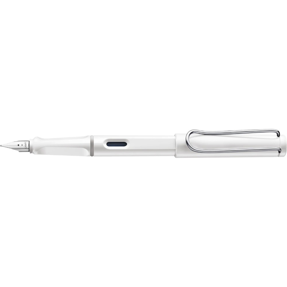 White Lamy Safari fountain pen with a clear barrel and ergonomic grip, ideal for smooth writing and easy ink refilling.