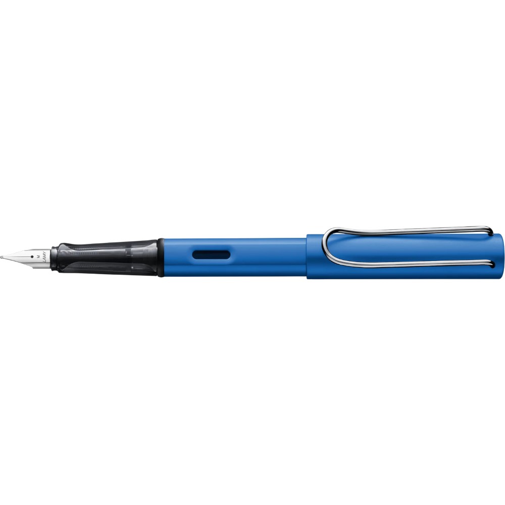 Lamy AL-star fountain pen with silver aluminum body and black grip section, displayed on a white background.