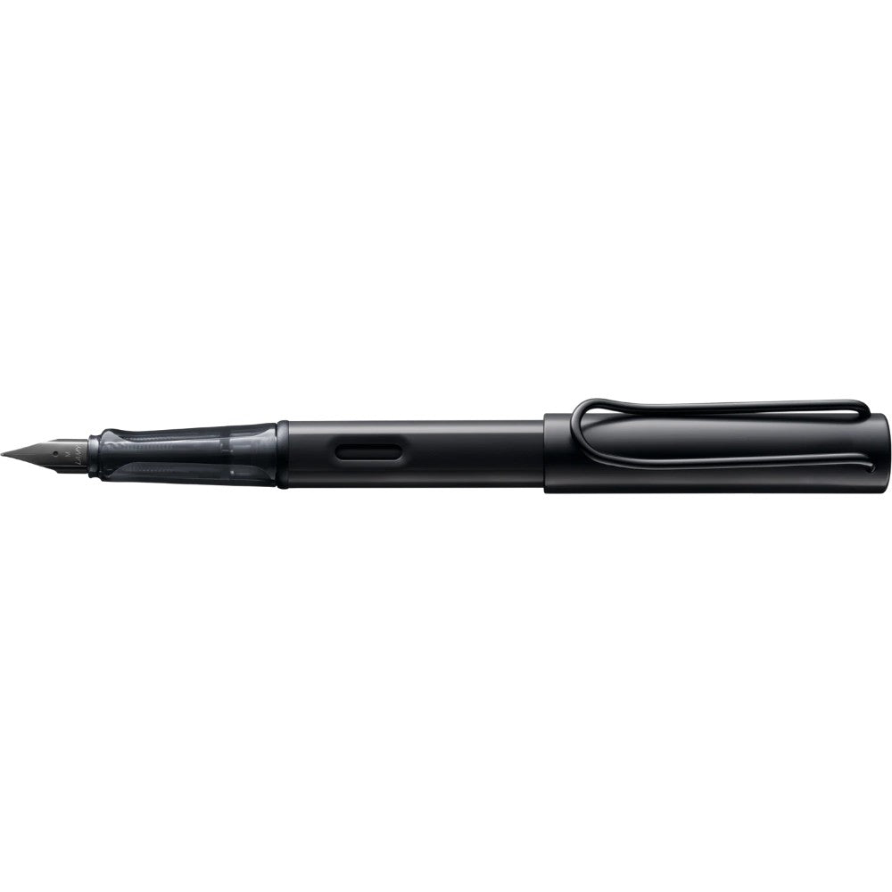 Lamy AL-star fountain pen with metal body and black grip section, displayed on white background.