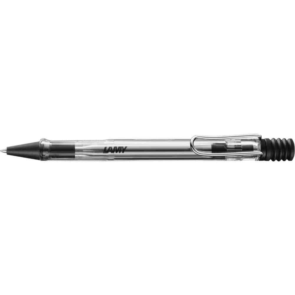 Lamy Safari ballpoint pen with blue barrel and silver clip, featuring ergonomic design and smooth writing tip.