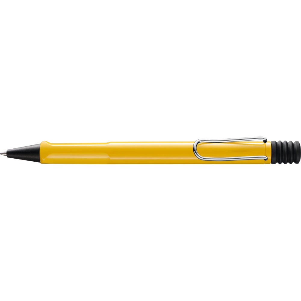Lamy Safari ballpoint pen with blue ink and ergonomic design, featuring a textured grip and sleek plastic body.