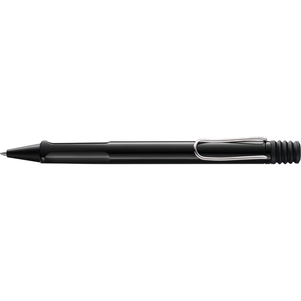 Lamy Safari ballpoint pen with blue ink and ergonomic design, featuring a sleek plastic body and metal clip.
