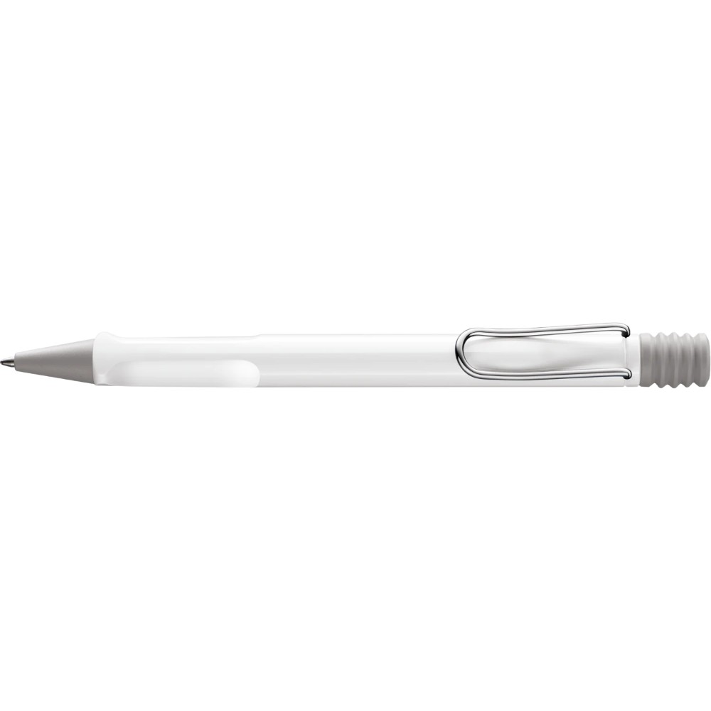 Lamy Safari ballpoint pen with blue barrel and silver clip, designed for smooth writing and ergonomic comfort.