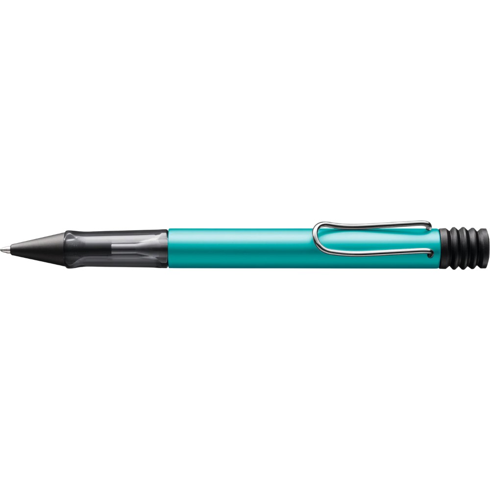 Lamy AL-star ballpoint pen with metallic turquoise finish, sleek design, and ergonomic grip on a white background.