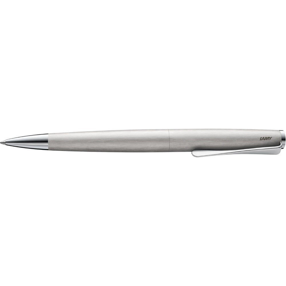 Lamy studio ballpoint pen with sleek metal body and modern design, shown in a close-up image.