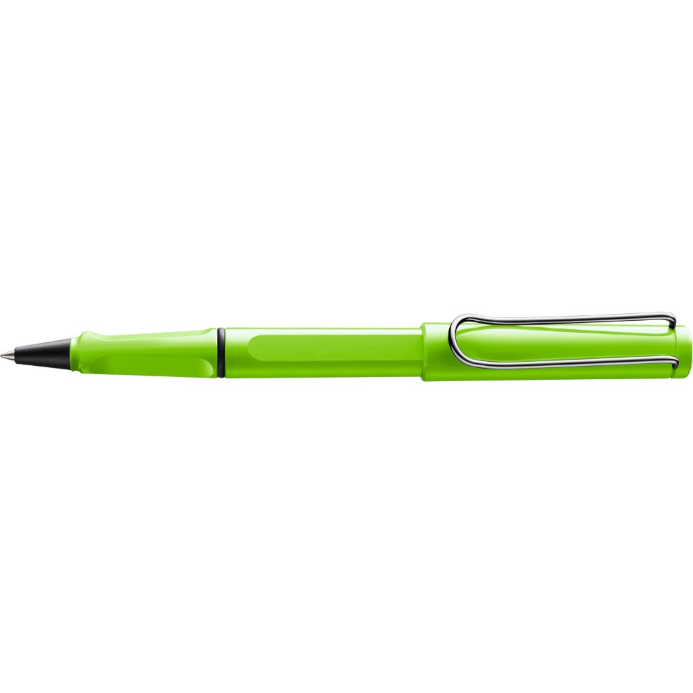 Lamy Safari rollerball pen with green barrel and black grip, featuring a sleek design and silver clip.