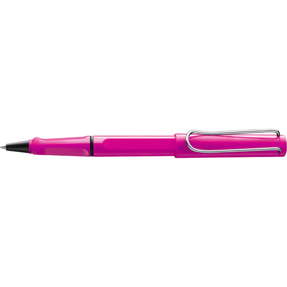 Lamy Safari rollerball pen with pink barrel and black grip, featuring a silver clip and fine writing tip.