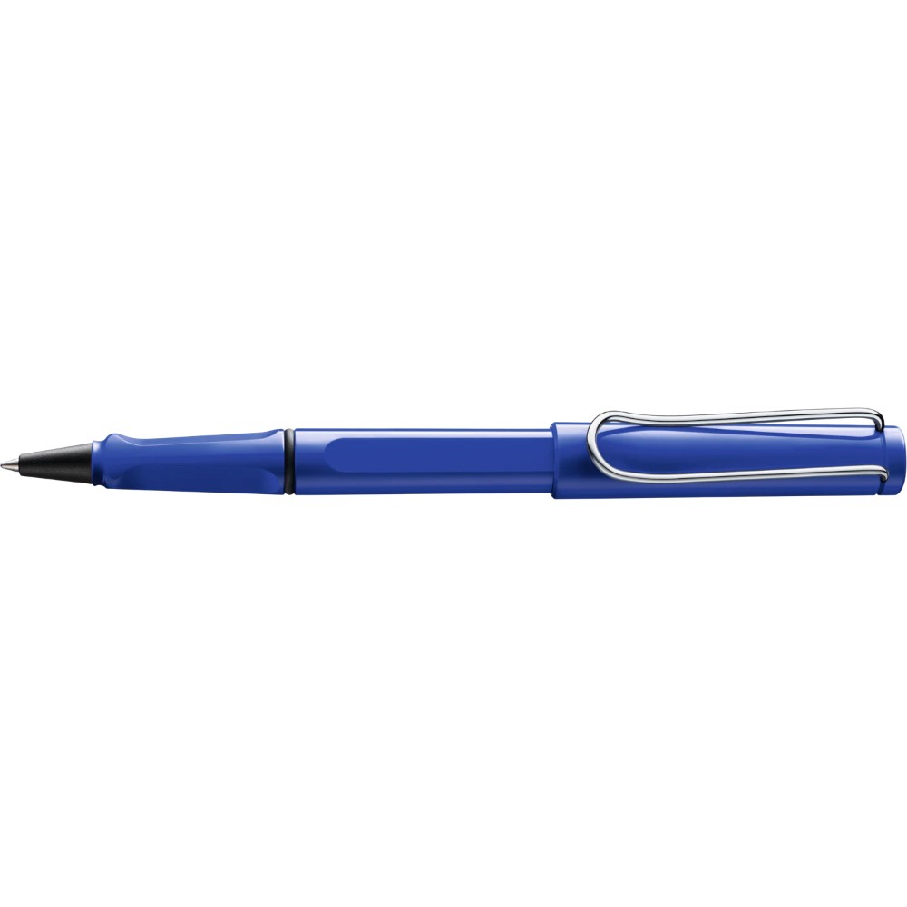 Lamy Safari rollerball pen with green plastic body and black grip, featuring a silver clip and tip for smooth writing.