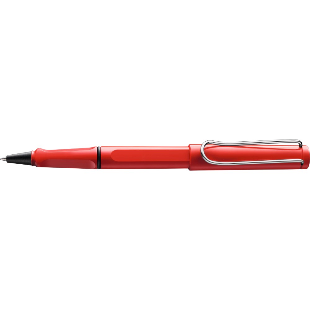Lamy Safari rollerball pen with blue ink and ergonomic design, featuring a smooth grip and stylish plastic body.
