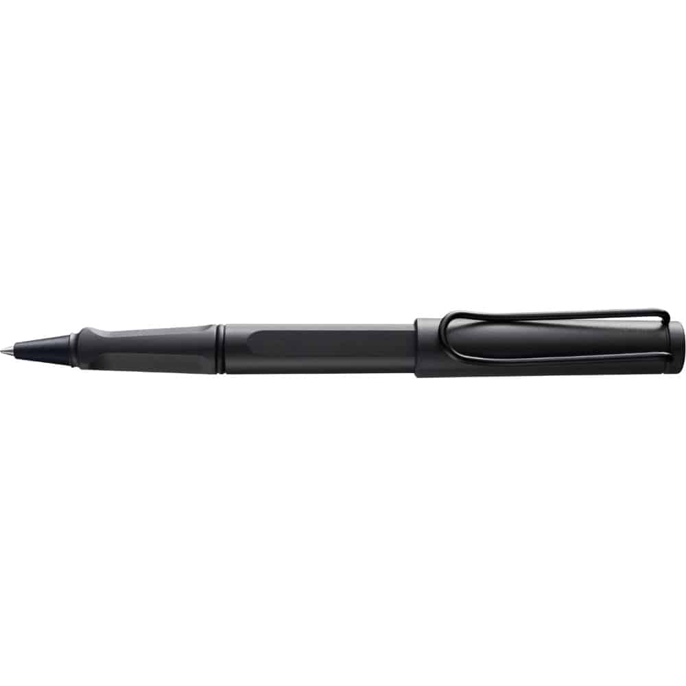 Lamy Safari rollerball pen with a sleek design and blue ink, featuring a comfortable grip and modern style.