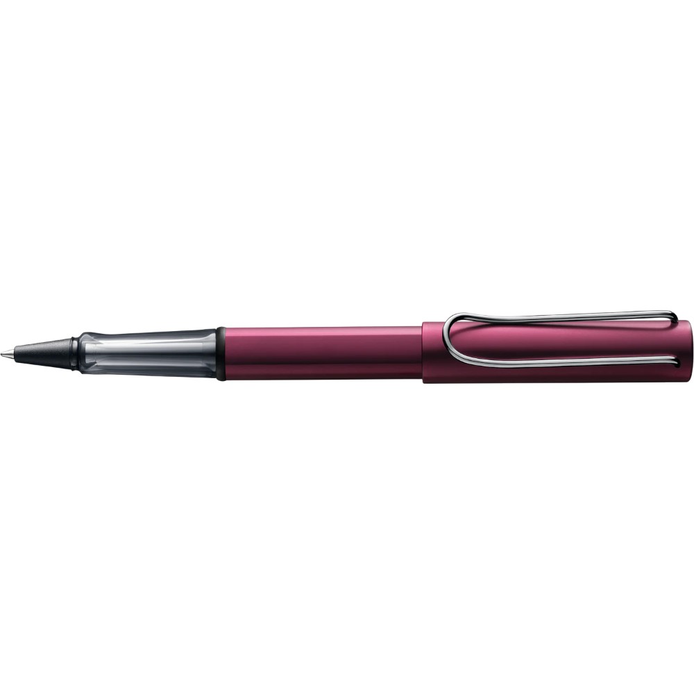 Lamy AL-star rollerball pen with metallic blue barrel and silver accents, showcasing a sleek, modern design.