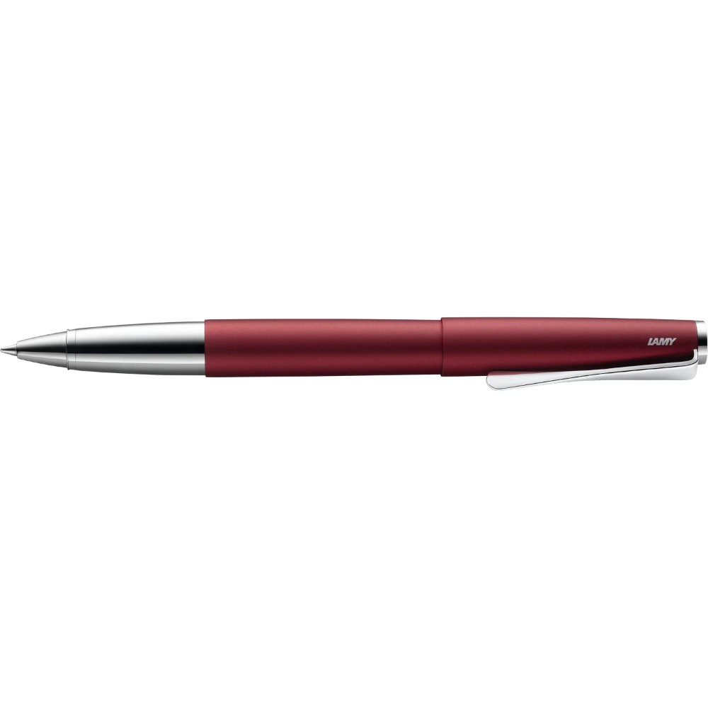 Lamy Studio Rollerball Pen with sleek black barrel and silver accents, showcasing modern design and smooth writing tip.