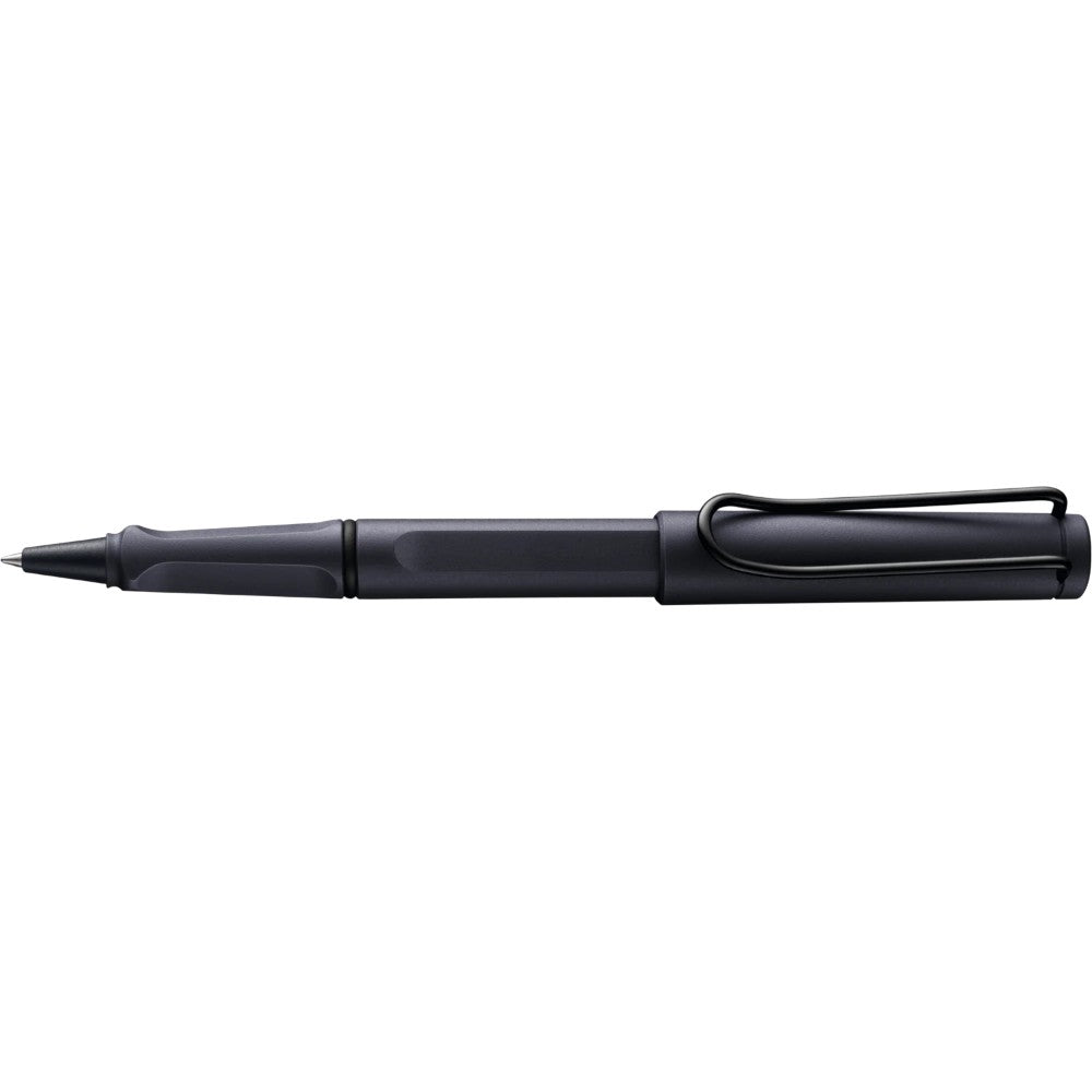 Lamy Safari rollerball pen with green plastic body and silver clip, sleek and modern writing instrument.