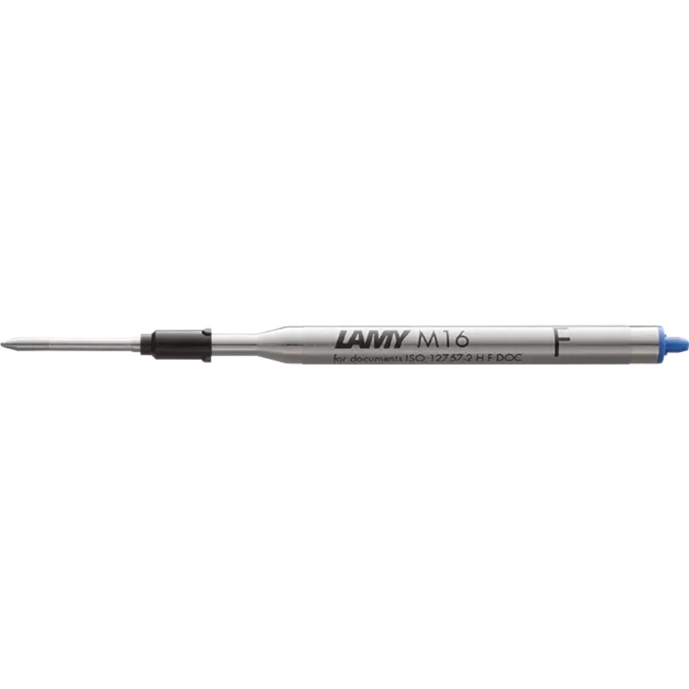 Lamy M 16 ballpoint pen refill with black ink, compatible with Lamy pens, shown in a close-up image with metal tip and ink cartridge