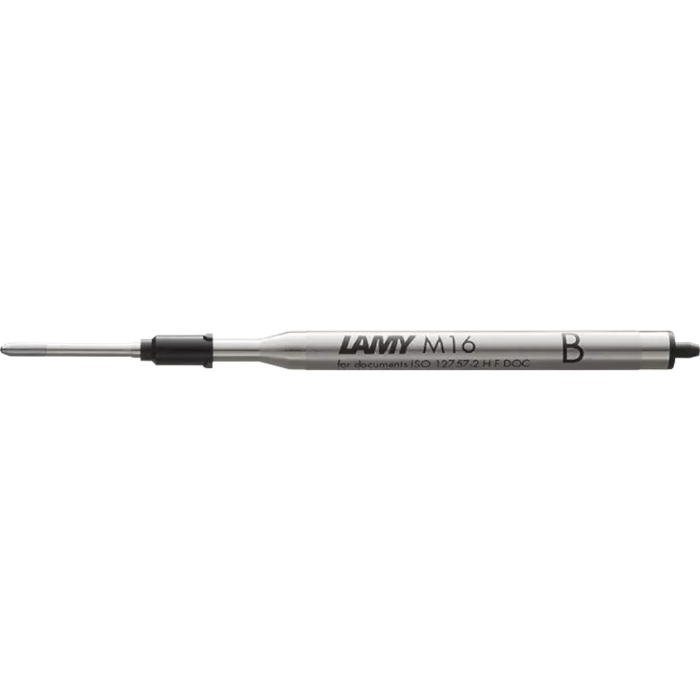 Lamy M 16 ballpoint pen refill with black ink, cylindrical design, fits Lamy pens, silver-colored metal tip, compact and lightweight.