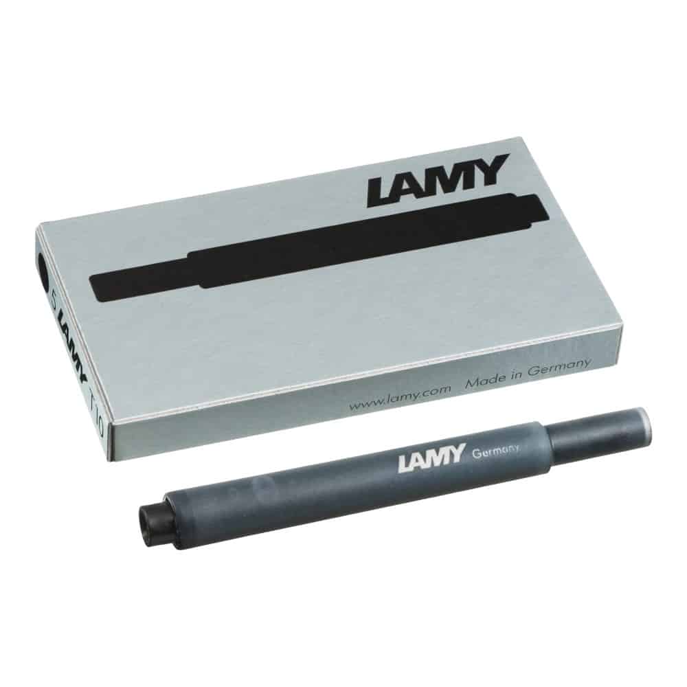 Lamy T10 ink cartridge for fountain pens, blue ink, compact packaging, compatible with Lamy fountain pen models.