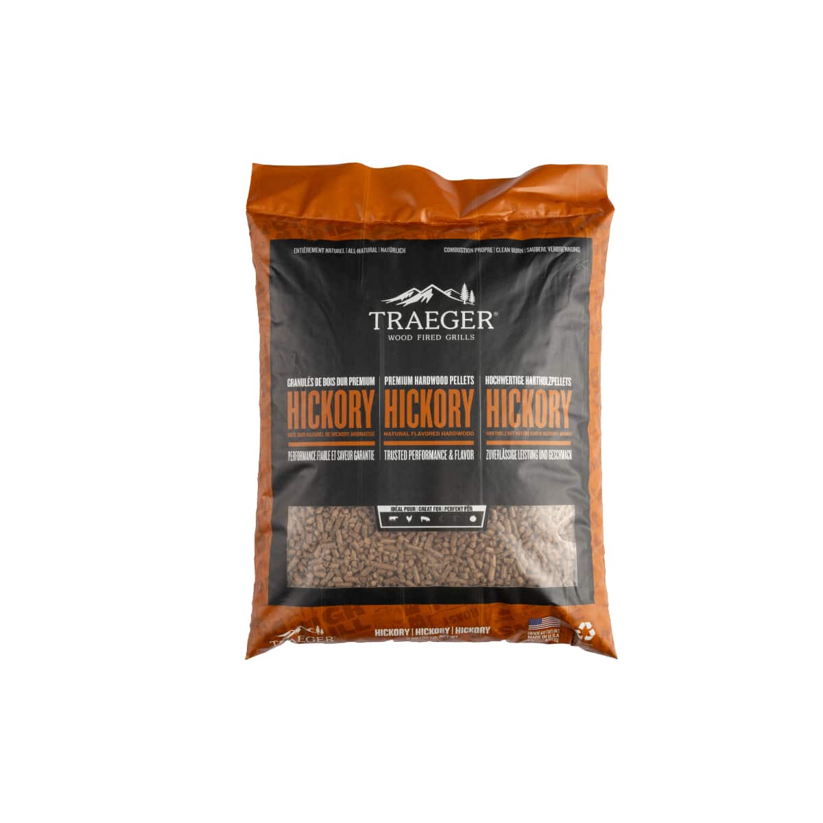 Traeger Hickory Pellets for wood pellet grills, showing a bag of Traeger branded smoking wood pellets with hickory flavor.