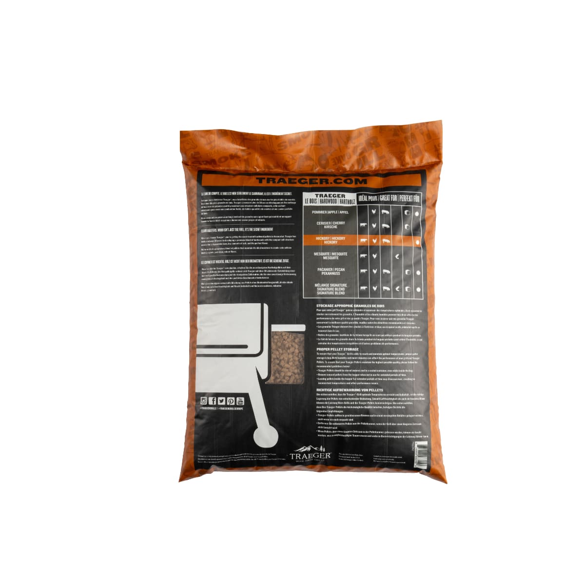 Traeger Hickory Pellets for wood pellet grills, showing a bag of Traeger-brand smoking wood pellets for grilling and BBQ.