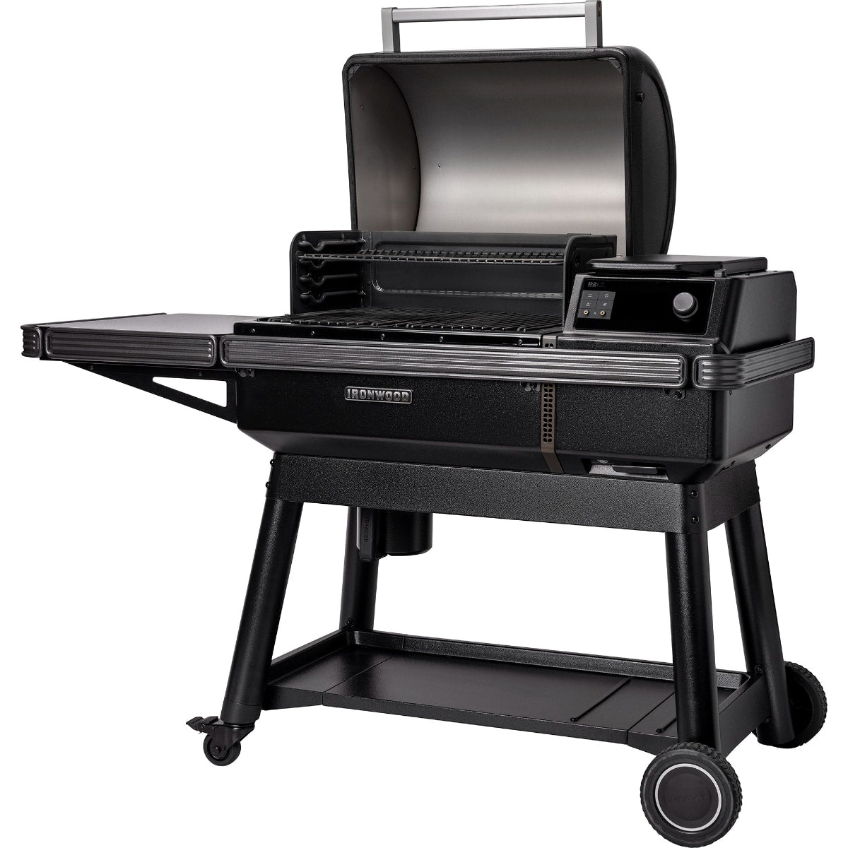 Traeger Ironwood wood pellet grill with stainless steel lid, digital control panel, and side shelf for outdoor cooking.
