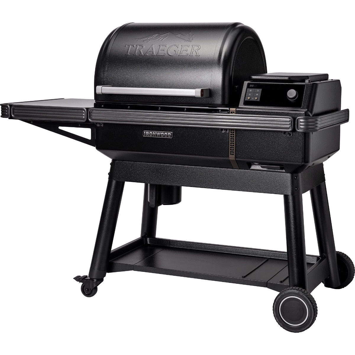 Traeger Ironwood wood pellet grill with digital control panel, stainless steel construction, and side shelf for outdoor grilling.
