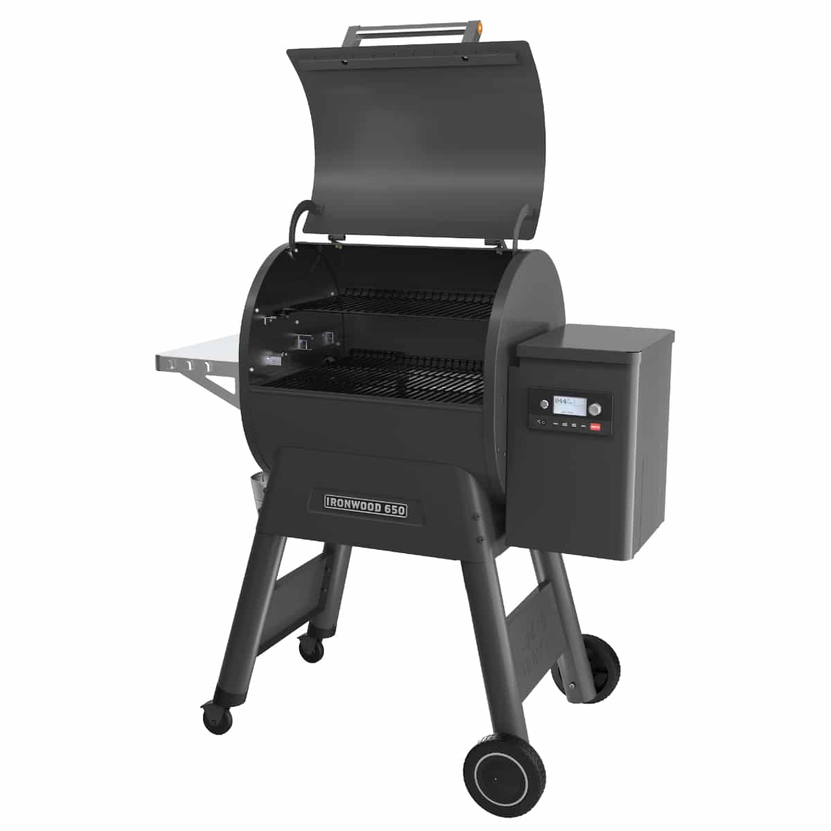 Traeger Ironwood 650 wood pellet grill with digital control panel, stainless steel construction, and lid handle for outdoor cooking.