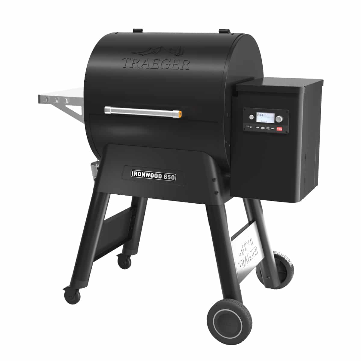 Traeger Ironwood 650 wood pellet grill with digital control panel and stainless steel exterior for outdoor cooking.