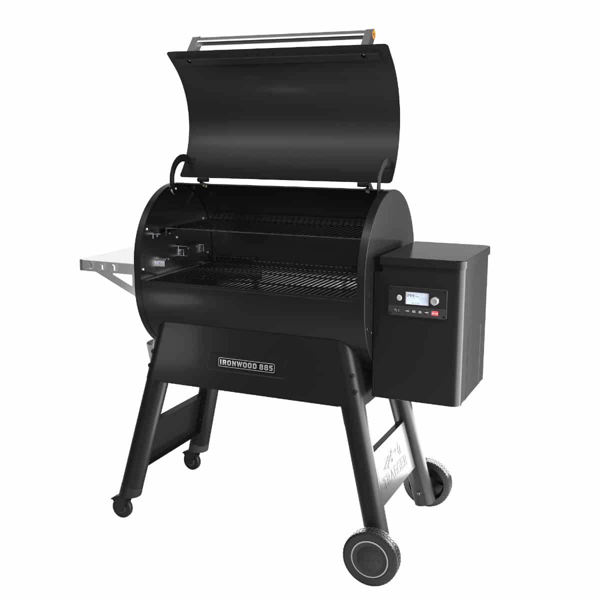 Traeger Ironwood 885 wood pellet grill with digital control panel and stainless steel lid for outdoor cooking and grilling