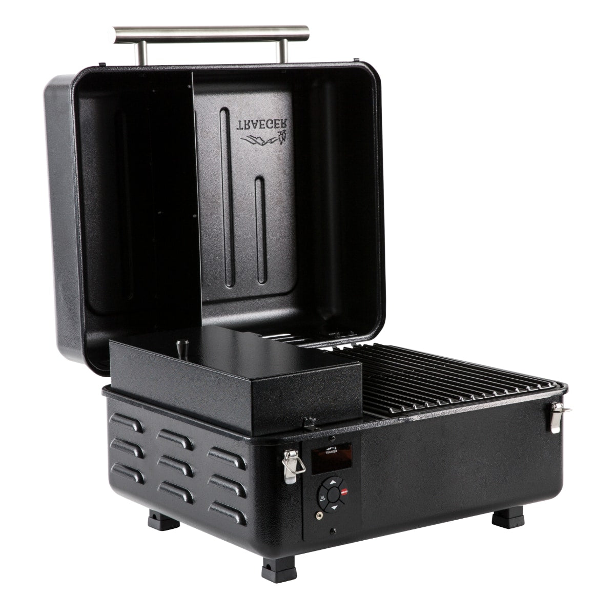 Traeger Ranger wood pellet grill with stainless steel lid and digital control panel, ideal for outdoor grilling and smoking.