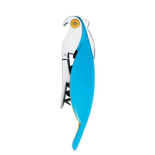 Alessi Corkscrew Parrot in blue, 13cm, with detailed bird design and curved metal corkscrew body on a plain background.