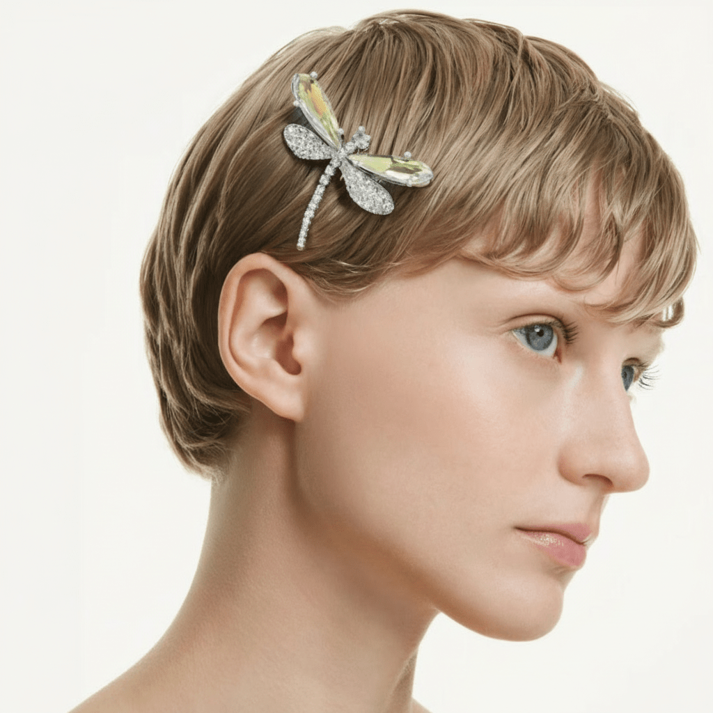 Ariana Grande x Swarovski brooch and hair accessory, Mixed cuts, Dragonfly, Green, Rhodium plated -Swarovski