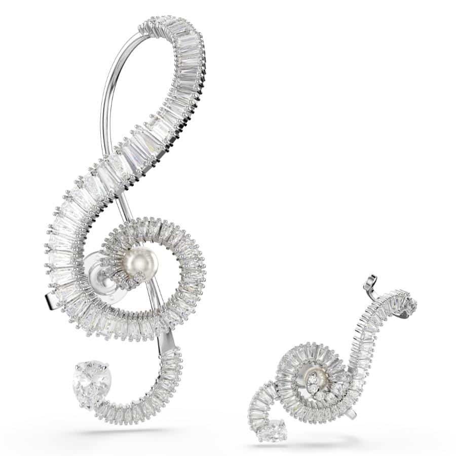 Ariana Grande x Swarovski Clip Earrings, Asymmetrical Design, Crystal Pearl, Baguette Cut, White, Rhodium Plated -Swarovski