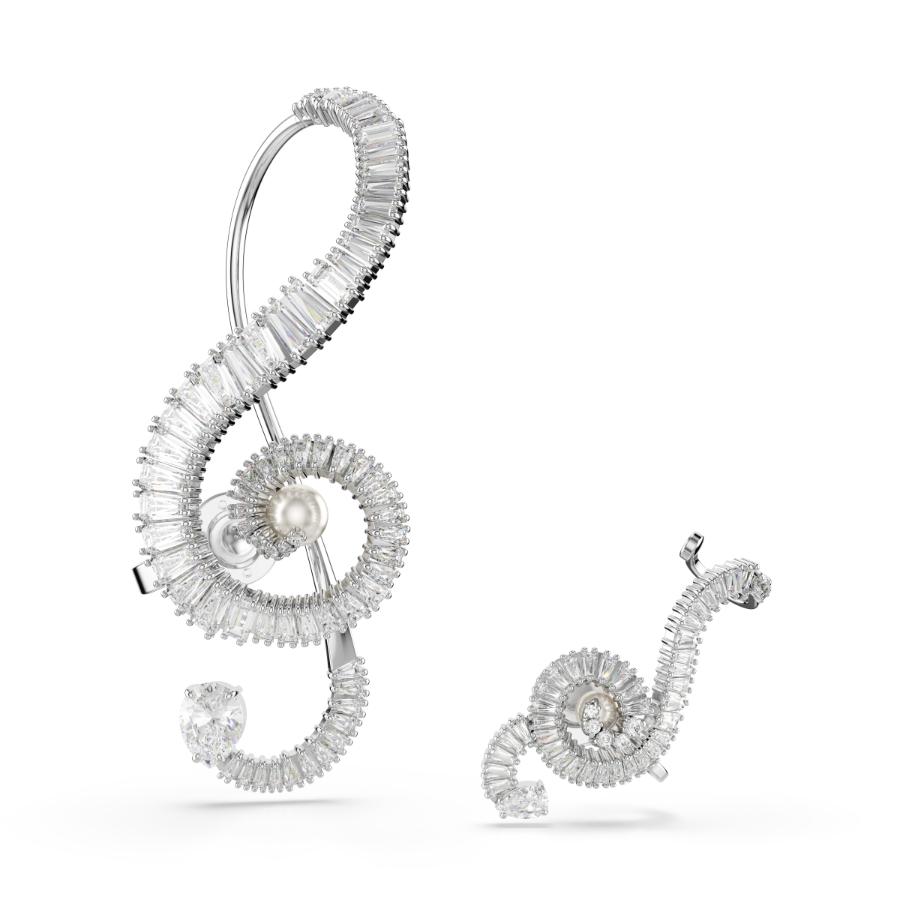 Ariana Grande x Swarovski Clip Earrings, Asymmetrical Design, Crystal Pearl, Baguette Cut, White, Rhodium Plated -Swarovski