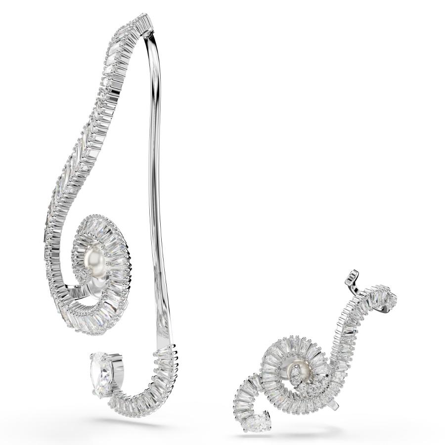 Ariana Grande x Swarovski Clip Earrings, Asymmetrical Design, Crystal Pearl, Baguette Cut, White, Rhodium Plated -Swarovski