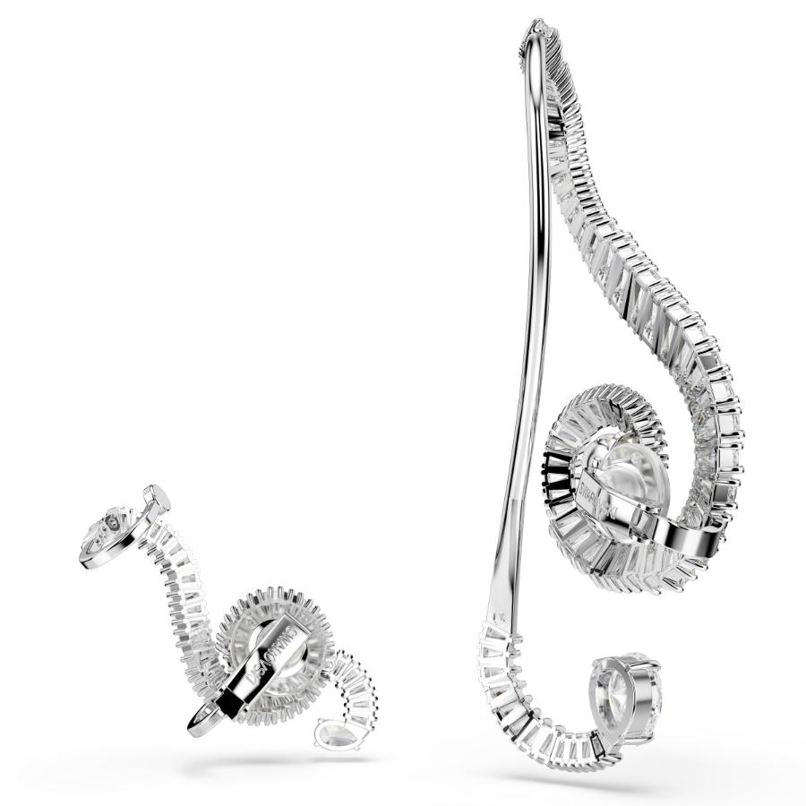 Ariana Grande x Swarovski Clip Earrings, Asymmetrical Design, Crystal Pearl, Baguette Cut, White, Rhodium Plated -Swarovski