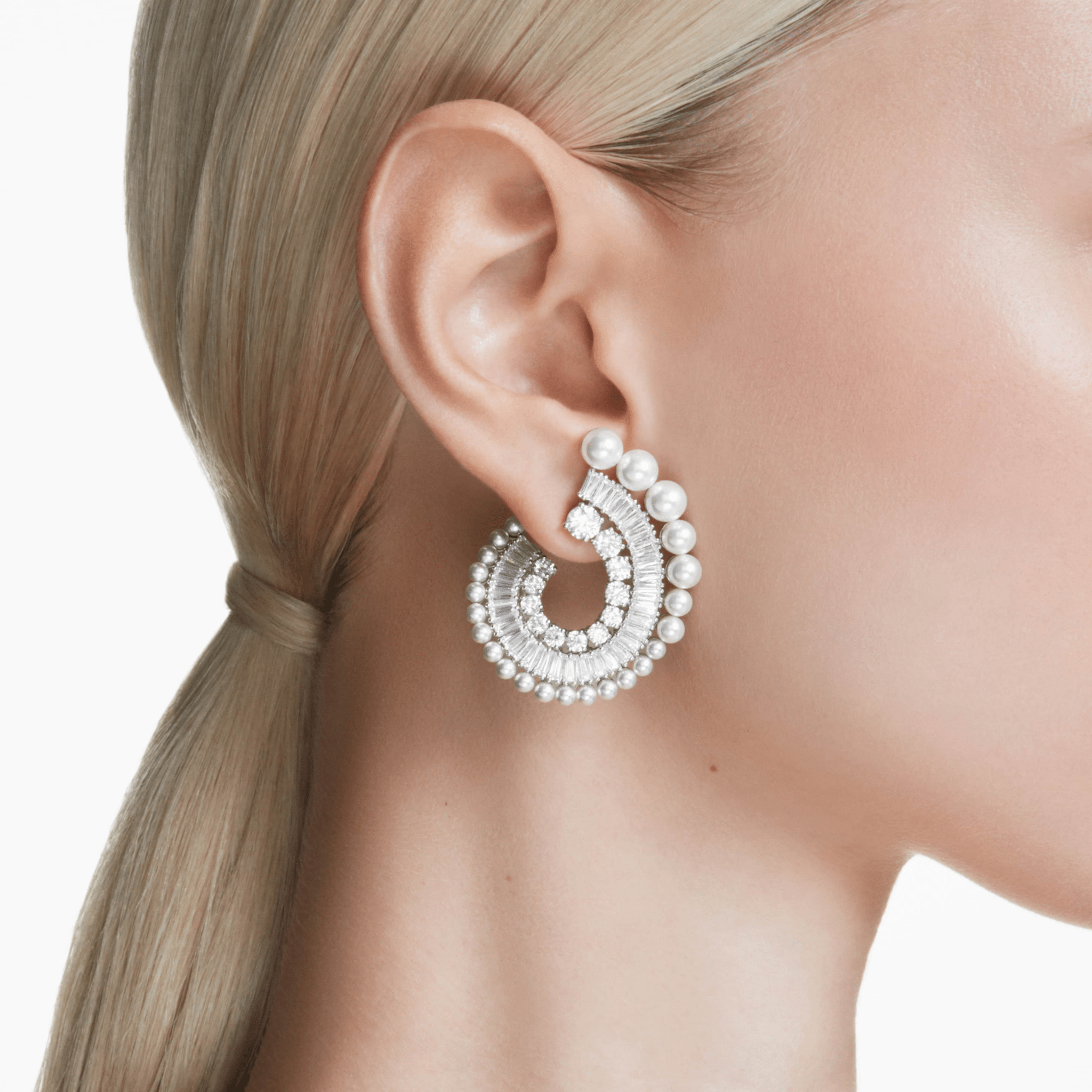 Ariana Grande x Swarovski Drop Earrings, Crystal Pearl, Mixed Cuts, White, Rhodium Plated -Swarovski