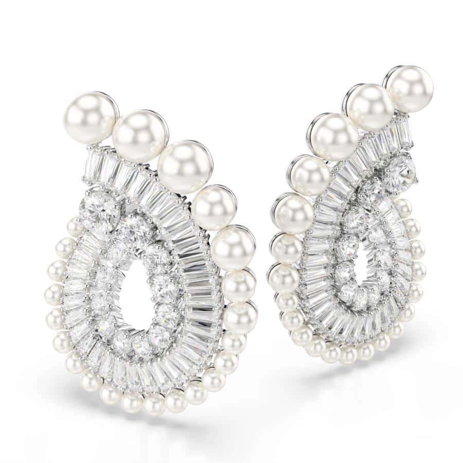 Ariana Grande x Swarovski Drop Earrings, Crystal Pearl, Mixed Cuts, White, Rhodium Plated -Swarovski