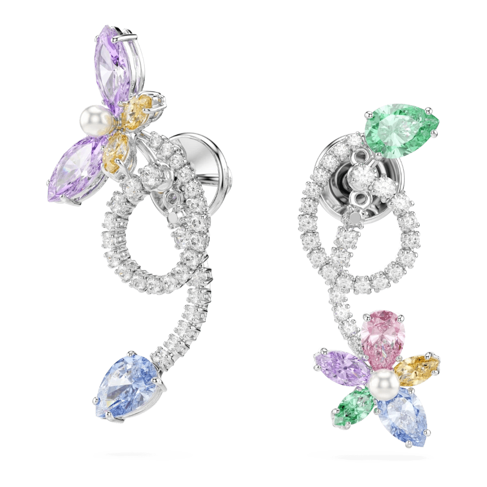 Ariana Grande x Swarovski drop earrings with ear jacket, Mixed cuts, Dragonfly, Flower, Multicolored, Rhodium plated -Swarovski