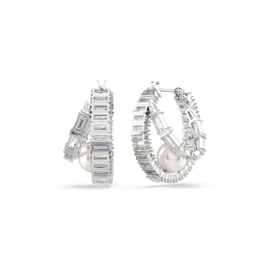 Ariana Grande x Swarovski Hoop Earrings, Crystal Pearl, Baguette Cut, White, Rhodium Plated -Swarovski