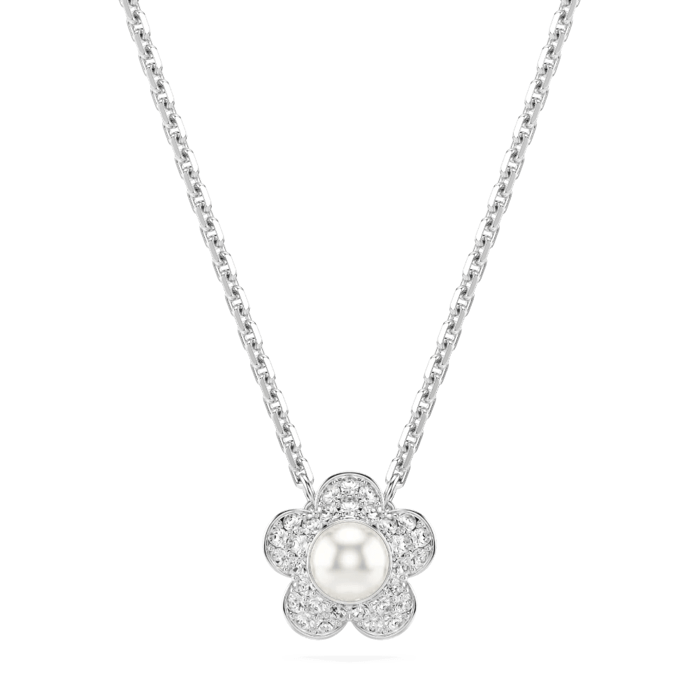 Ariana Grande x Swarovski pendant Crystal Pearl, Round cut, Flower, White, Rhodium plated -Swarovski