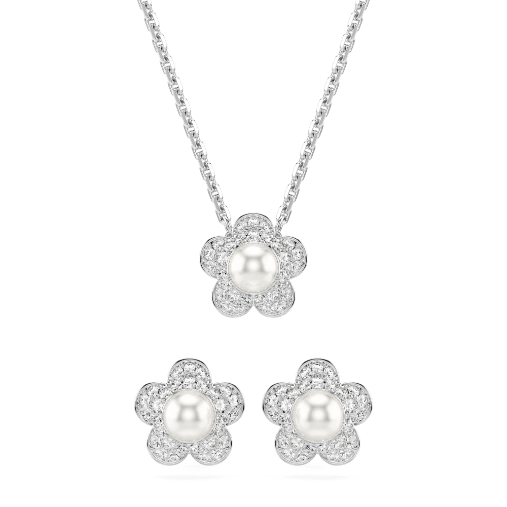 Ariana Grande x Swarovski set, Crystal pearl, Round cut, Flower, White, Rhodium plated -Swarovski