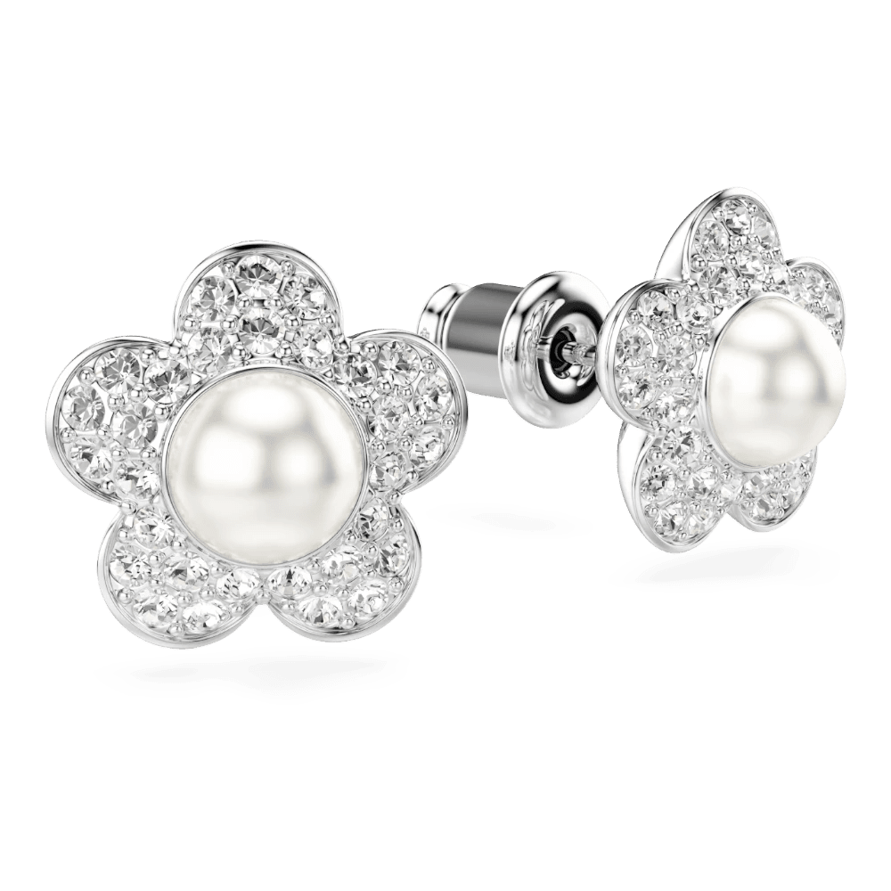 Ariana Grande x Swarovski stud earrings Crystal Pearl, Round cut, Flower, White, Rhodium plated -Swarovski