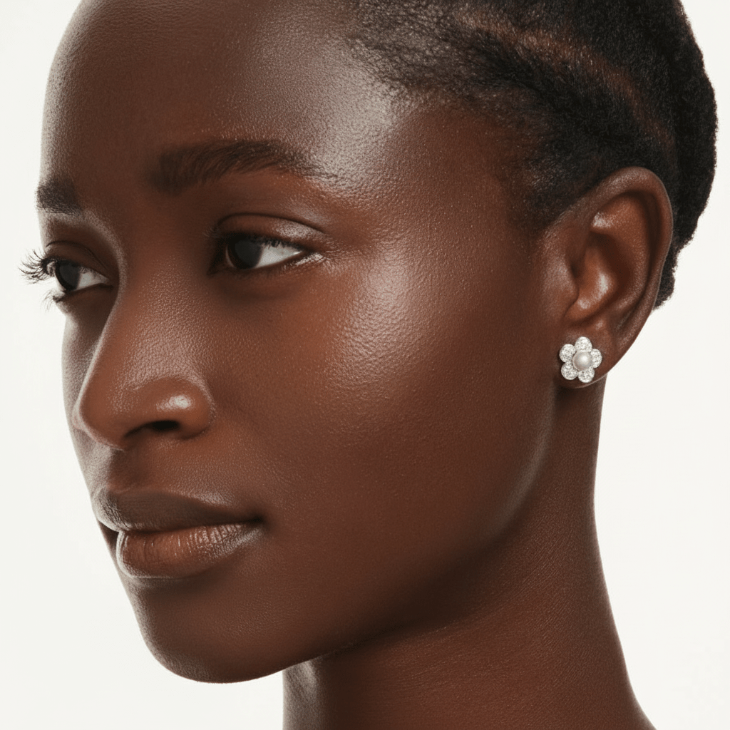 Ariana Grande x Swarovski stud earrings Crystal Pearl, Round cut, Flower, White, Rhodium plated -Swarovski