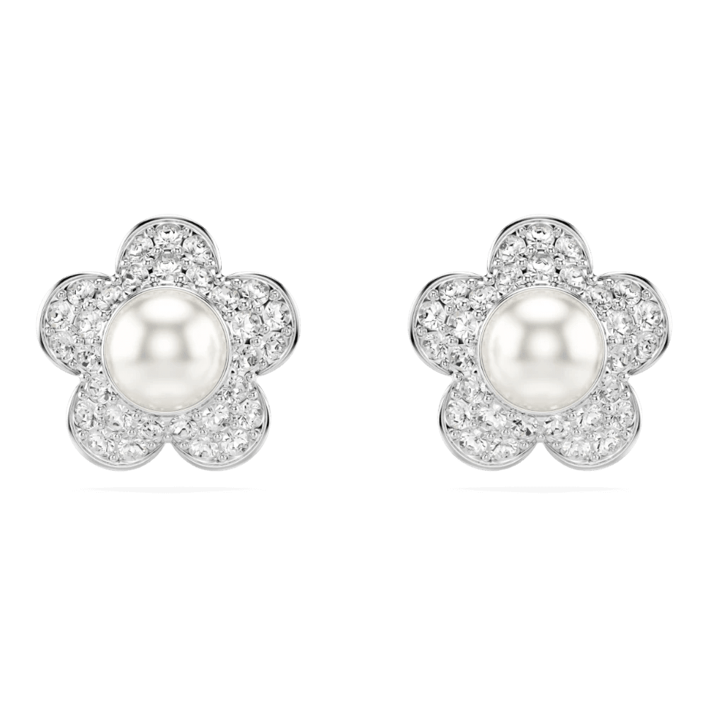 Ariana Grande x Swarovski stud earrings Crystal Pearl, Round cut, Flower, White, Rhodium plated -Swarovski