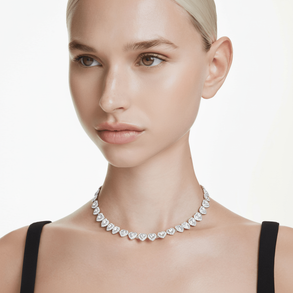 Ariana Grande x Swarovski Tennis Necklace, Mixed Cuts, Heart, White, Rhodium Plated -Swarovski
