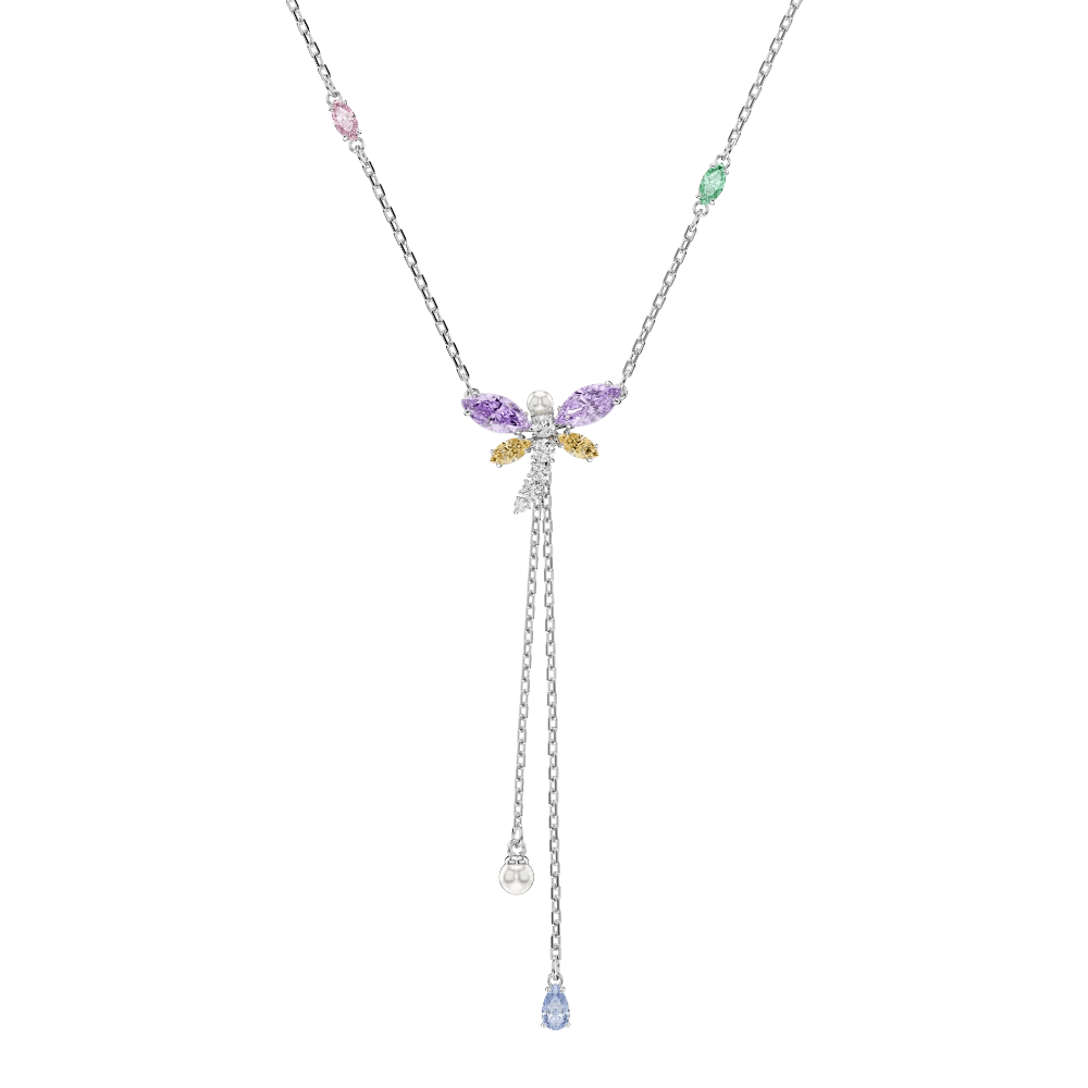 Ariana Grande x Swarovski Y necklace, Mixed cuts, Dragonfly, Multicolored, Rhodium plated -Swarovski